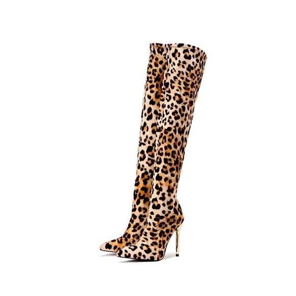 LEOPARD PRINT KNEE HIGH Fashionable Pointed Toe Over-the-Knee Stiletto Boots - Picture 5 of 6
